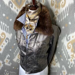 Ralph Lauren Black Label Denim Shearling Trimmed Metallic Coated Trucker Jacket